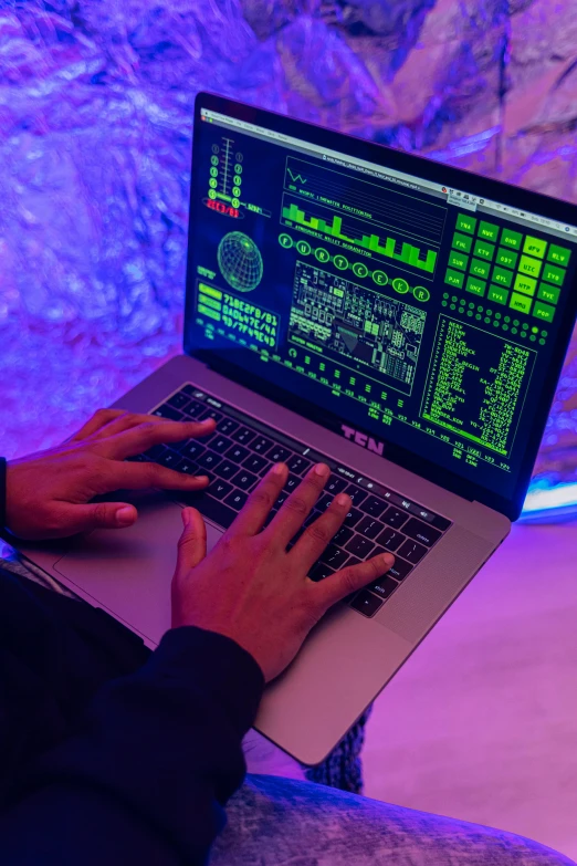 a man sitting in front of a laptop computer, by Byron Galvez, pexels, holography, high tech space ship interior, cryptopunk with pit vipers, close up to the screen, tech demo