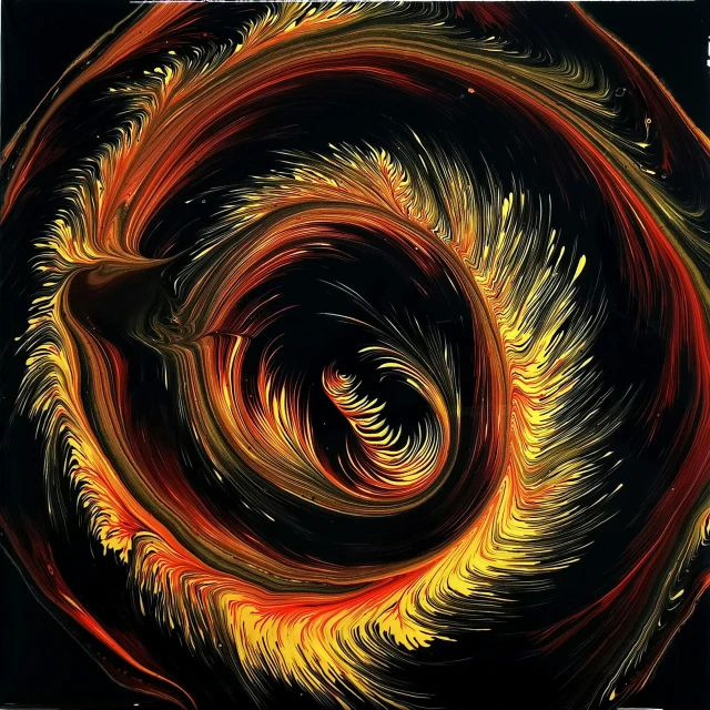 a computer screen with a spiral design on it, an album cover, by Giacomo Balla, generative art, firey, dramatic brushstrokes, black and yellow and red scheme, fractal feathers
