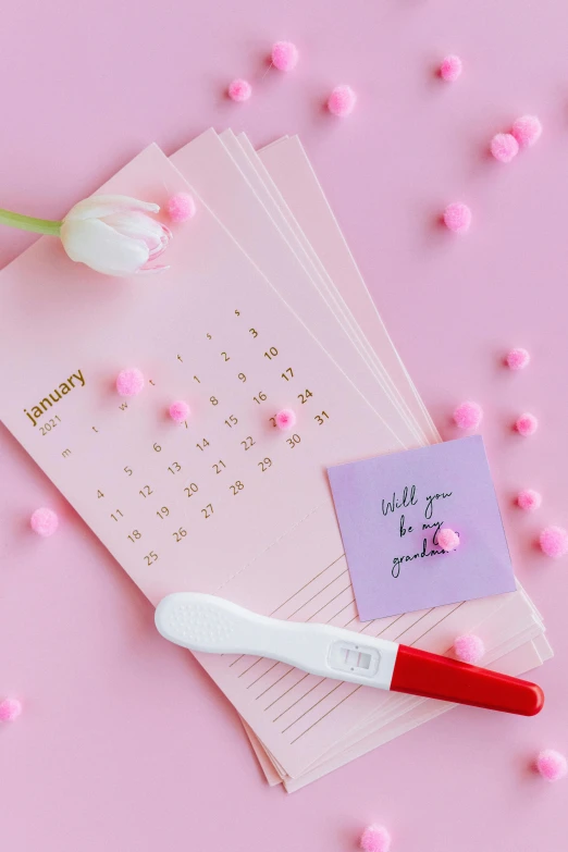 a red pen sitting next to a piece of paper on top of a pink surface, a picture, by Julia Pishtar, female calendar, full product shot, bubble gum, detailed product image