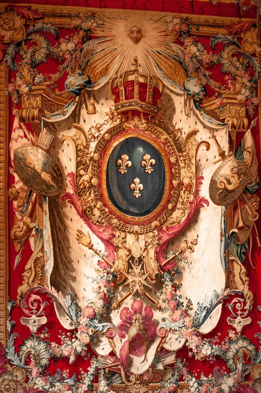 a close up of a painting on a wall, an album cover, by François Girardon, baroque, red and gold cloth, royal insignia in background, cloth banners, ultra-high details