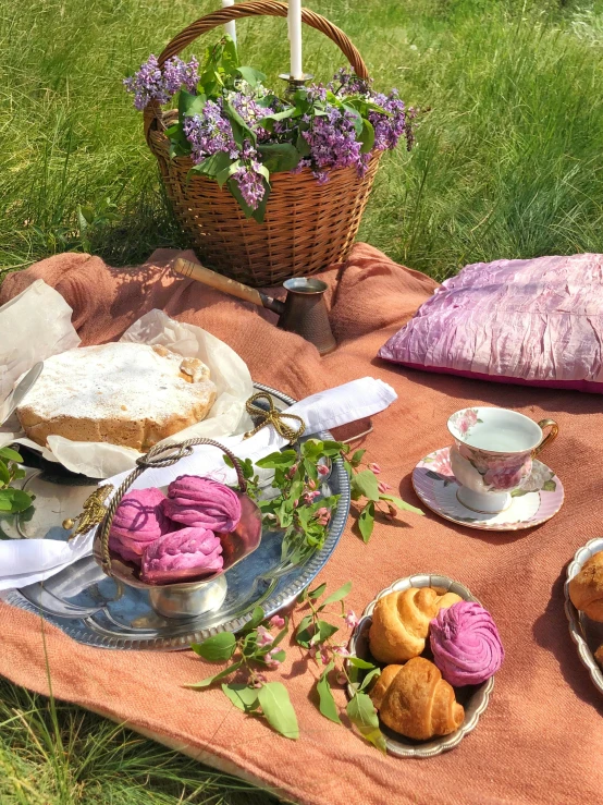 a picnic blanket sitting on top of a lush green field, pastries, violet and pink palette, restored, high quality product image”