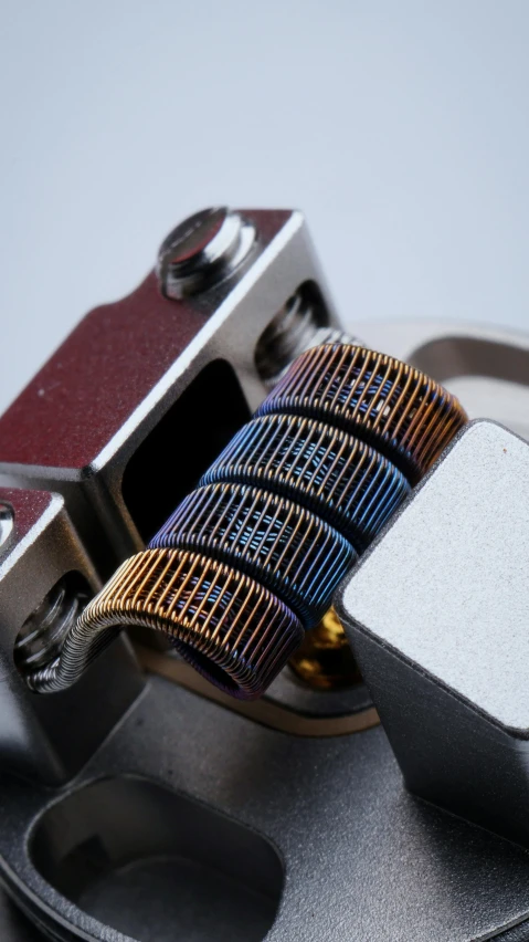 a close up of a camera with a strap, a stipple, by Jason Felix, unsplash, renaissance, capacitors and coils inside, bismuth beautiful well designed, holding a small vape, symmetrical complex fine detail