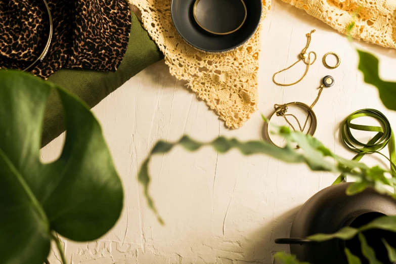 a table topped with a cup of coffee next to a potted plant, a still life, trending on pexels, process art, golden jewelry filigree, black jewellery, green and warm theme, website banner