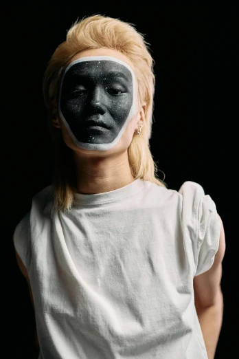 a woman with black paint on her face, an album cover, inspired by Zhang Xiaogang, unsplash, hyperrealism, white cyborg fashion shot, singularity sculpted �ー etsy, full body and face and head, girl with white hair