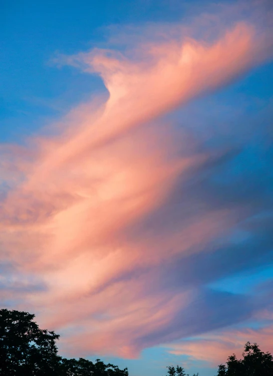 a pink cloud in a blue sky with trees in the foreground, a portrait, inspired by Frederic Church, unsplash, dramatic storm sunset, slide show, stunning lines, cloud in the shape of a dragon