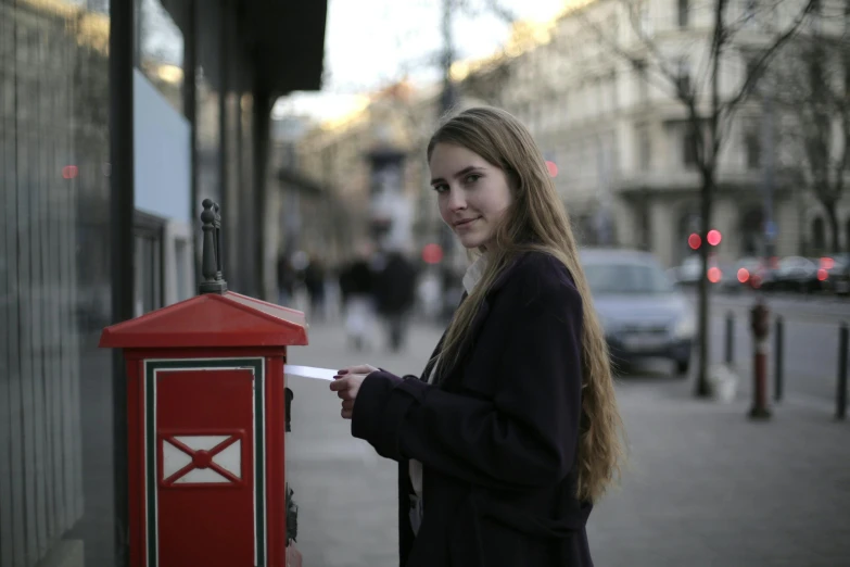 a woman standing next to a red mail box, an album cover, pexels contest winner, private press, greta thunberg, russian girlfriend, alessio albi, cutest