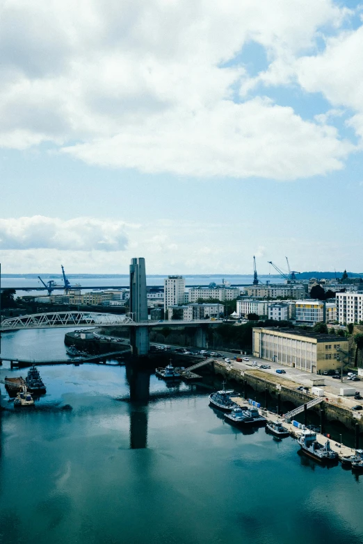 a large body of water next to a bridge, inspired by Wilhelm Marstrand, pexels contest winner, hurufiyya, harbour in background, high angle shot, skybridge towers, 4 k cinematic panoramic view