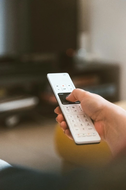 a person holding a remote control in their hand, pexels, square, samsung smartthings, carson ellis, glossy surface