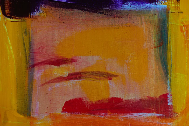 a close up of a painting on a wall, an abstract painting, inspired by Mark Rothko, lyrical abstraction, the colours of the sunset, on a yellow canva, some red and purple and yellow, soft light - n 9