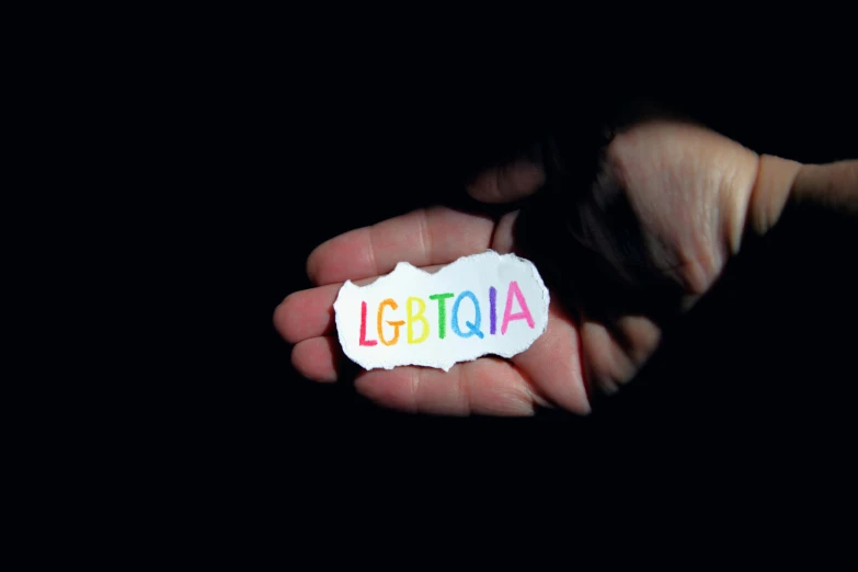 a person holding a piece of paper with the word lgbt written on it, by Emma Andijewska, low-light, sticker, ta ha, color image