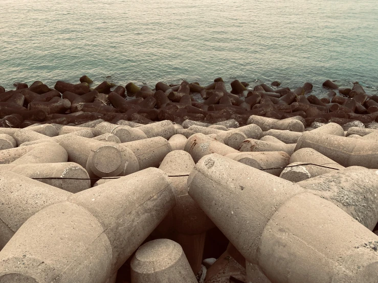 a group of concrete pillars sitting next to a body of water, inspired by Zhang Kechun, unsplash, concrete art, cannons, bumps, sepia toned, tessellation