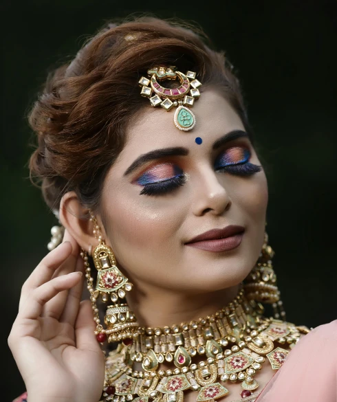 a close up of a woman wearing a necklace and earrings, inspired by Saurabh Jethani, trending on pixabay, evening makeup, instagram story, regal pose, multicoloured