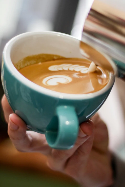 a close up of a person holding a cup of coffee, teal, fully decorated, short spout, soup