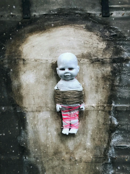 a close up of a small doll on a wall, an album cover, pexels contest winner, street art, covered in bandages, made out of clay, full - body artwork, human babies