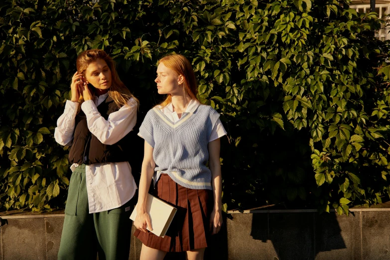 a couple of women standing next to each other, trending on cg society, dressed as schoolgirl, ignant, summer light, lookbook