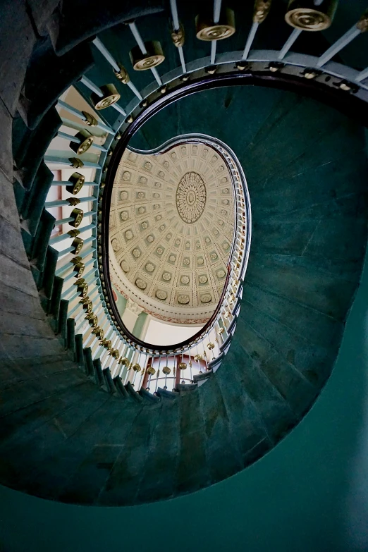 a spiral staircase leading to the top of a building, inspired by Horatio Nelson Poole, slide show, teal, library of congress, hyperrealism photography