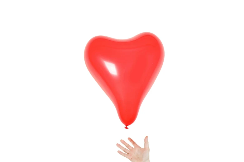 a person holding a red balloon in the shape of a heart, product image, 3 / 4 view, coral red, high clarity