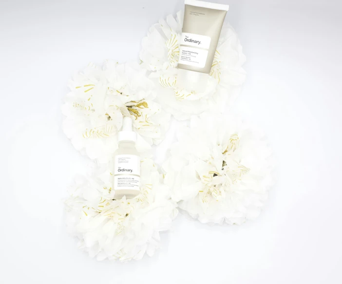 a bunch of white flowers sitting on top of a table, products shot, sofurry, with white skin, display item