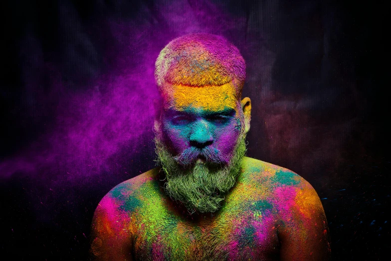 a man with a beard covered in colored powder, an album cover, inspired by Arik Brauer, pexels contest winner, hairy bodies, photography of kurzgesagt, digital ilustration, professional body paint