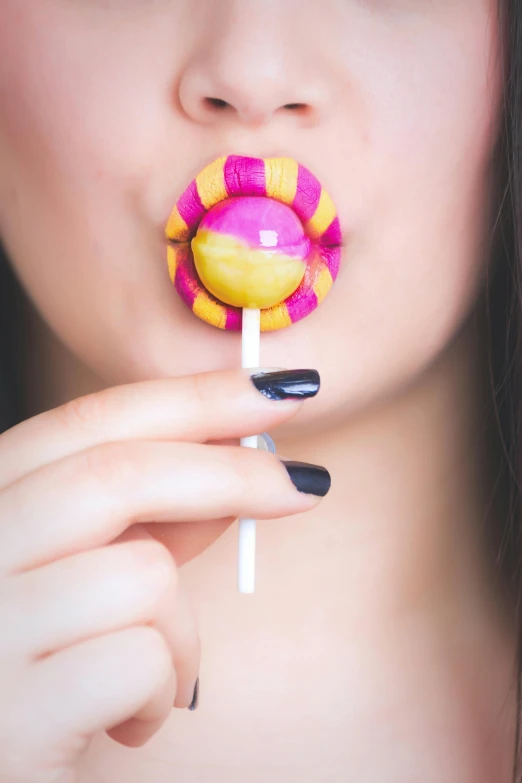 a close up of a person holding a lollipop, profile image, pouty, jewelry, multi colour