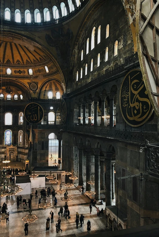 a group of people that are inside of a building, a detailed matte painting, pexels contest winner, hurufiyya, byzantine mosaic, 256x256, mosque interior, bird view