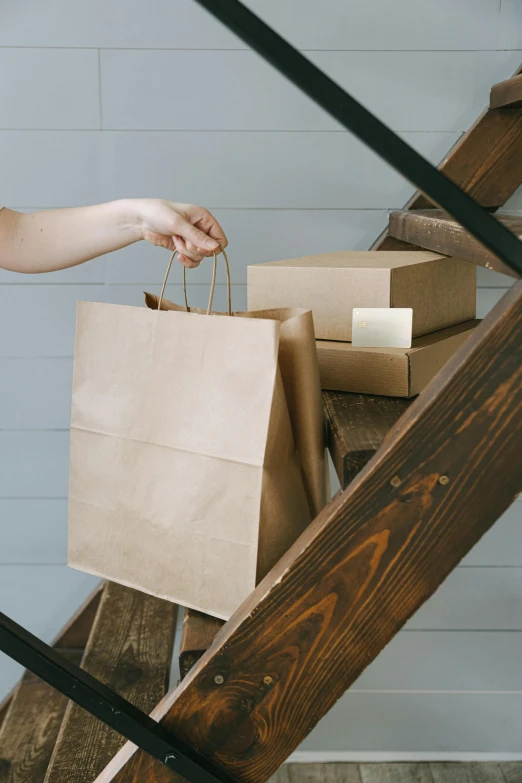 a woman carrying a brown paper bag down a flight of stairs, a stock photo, pexels contest winner, modernism, presenting wares, upon a peak in darien, a cozy, packaging