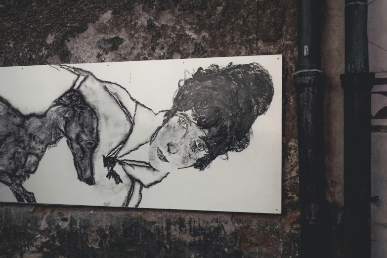 a black and white drawing of a woman and a horse, a charcoal drawing, unsplash, on a wall, venice biennale, acrylic canvas, valentin serov style