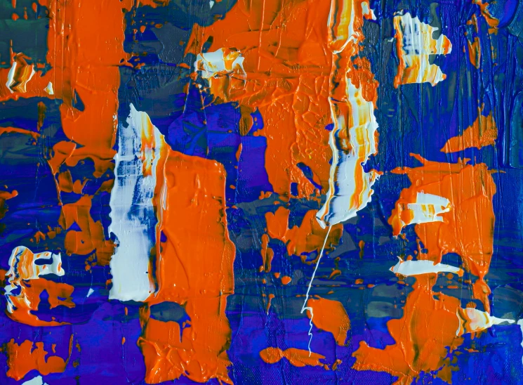 a painting with orange and blue paint on it, by Micha Klein, pexels contest winner, abstract expressionism, 144x144 canvas, purple shattered paint, abstract claymation, white and orange