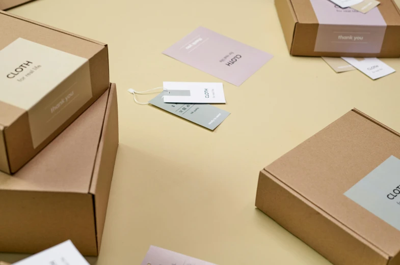 a group of boxes sitting on top of a table, muted colour palette, pair of keycards on table, goop, thumbnail