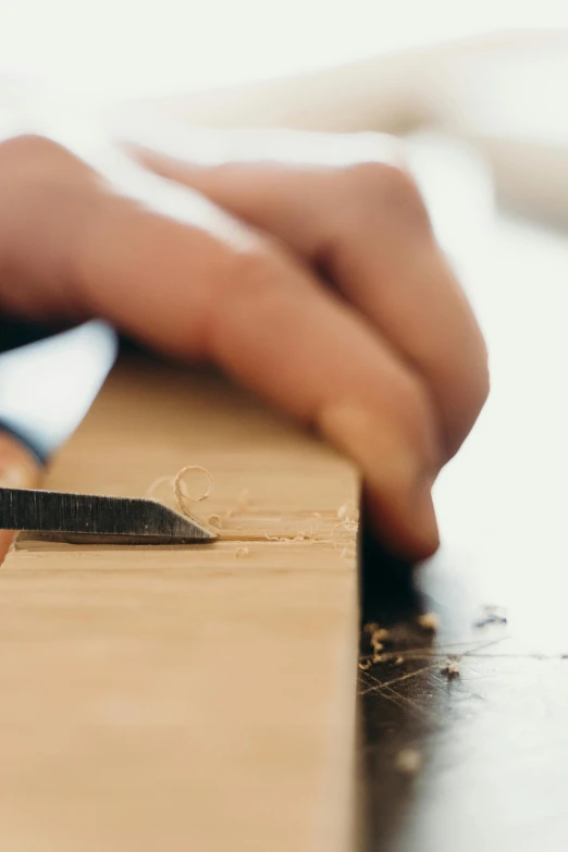 a person cutting a piece of wood with a pair of scissors, arbeitsrat für kunst, no cropping, medium-shot, cinematic image, rectangle