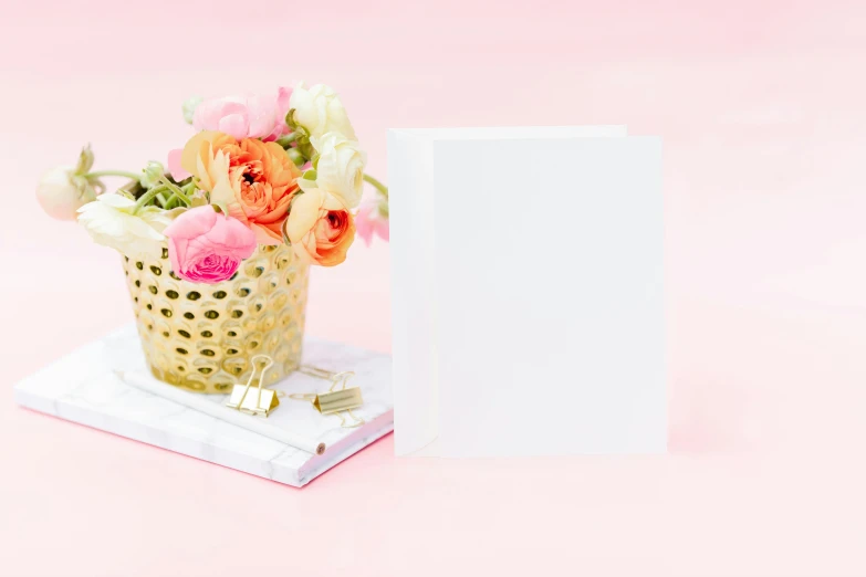 a vase filled with flowers next to a blank card, by Julia Pishtar, private press, pink gradient background, official product photo, white with gold accents, bright white