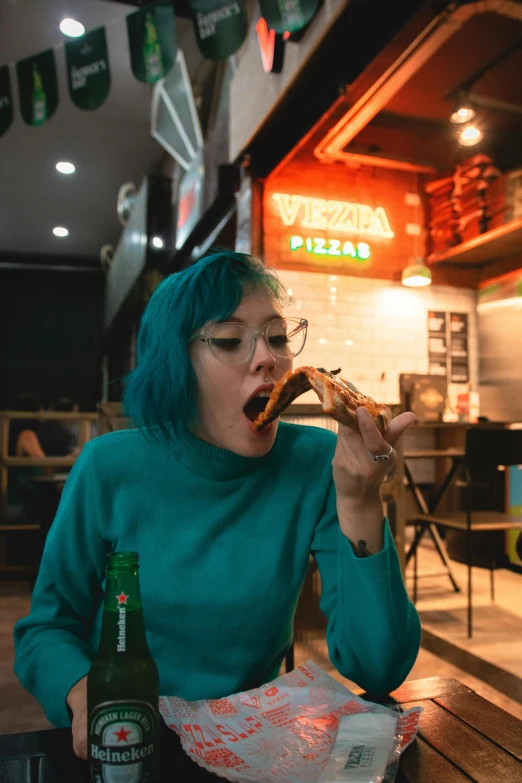 a woman sitting at a table eating a slice of pizza, inspired by Elsa Bleda, pexels contest winner, teal hair, gif, a young asian woman, velma