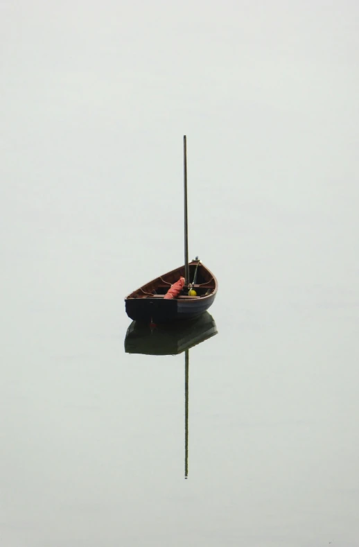 a small boat floating on top of a body of water, by Peter Churcher, minimalism, fishing pole, miniatures, very reflective, overcast weather