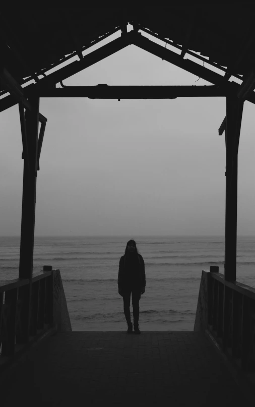 a person standing on a pier looking out at the ocean, a black and white photo, alternate album cover, distant hooded figures, girl standing, shelter