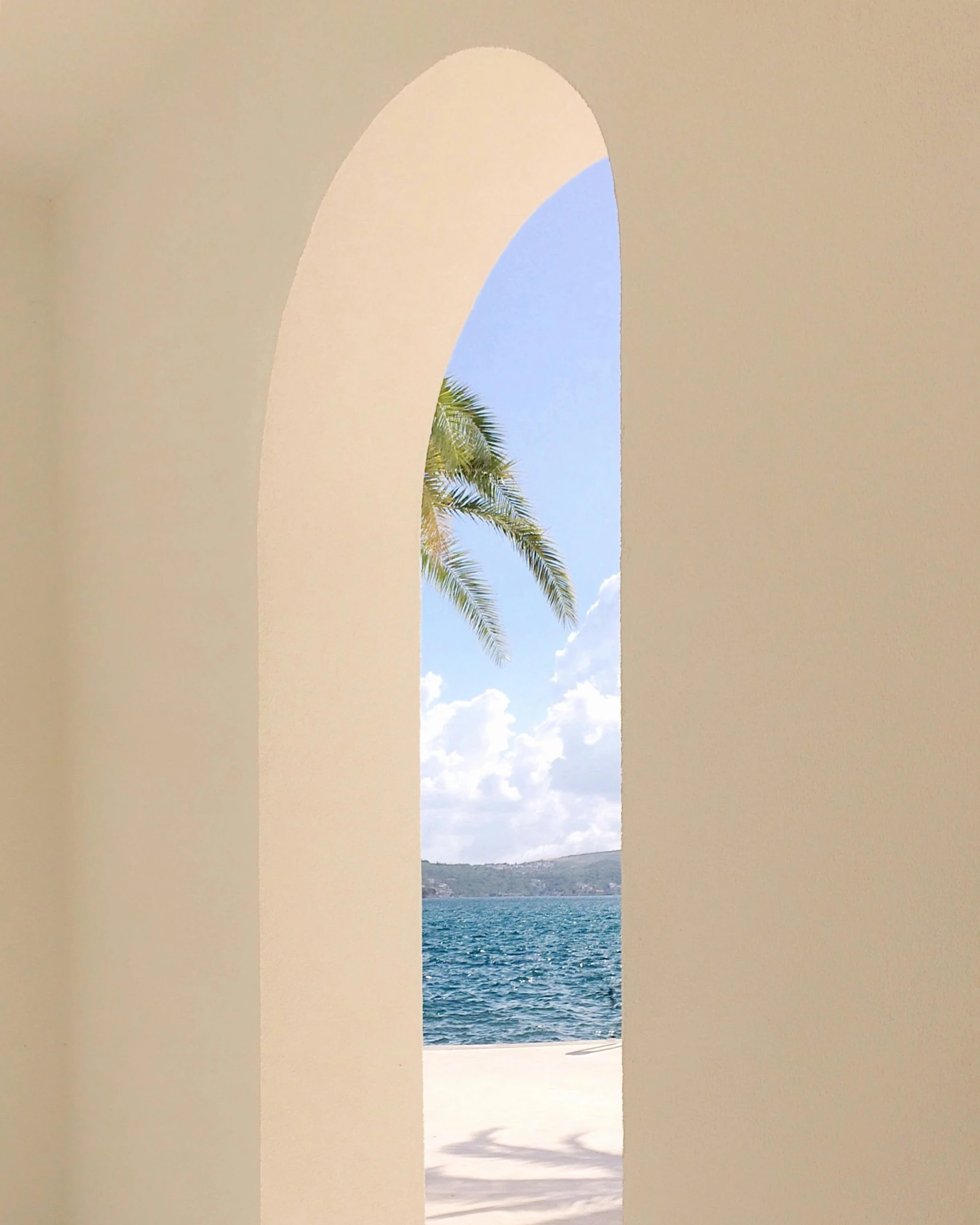 a view of the ocean through an arched window, visual art, a palm tree, smooth white surroundings, promo image, symmetrical doorway