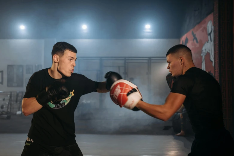 a couple of men standing next to each other with boxing gloves, profile image, liam brazier, doing martial arts, person in foreground