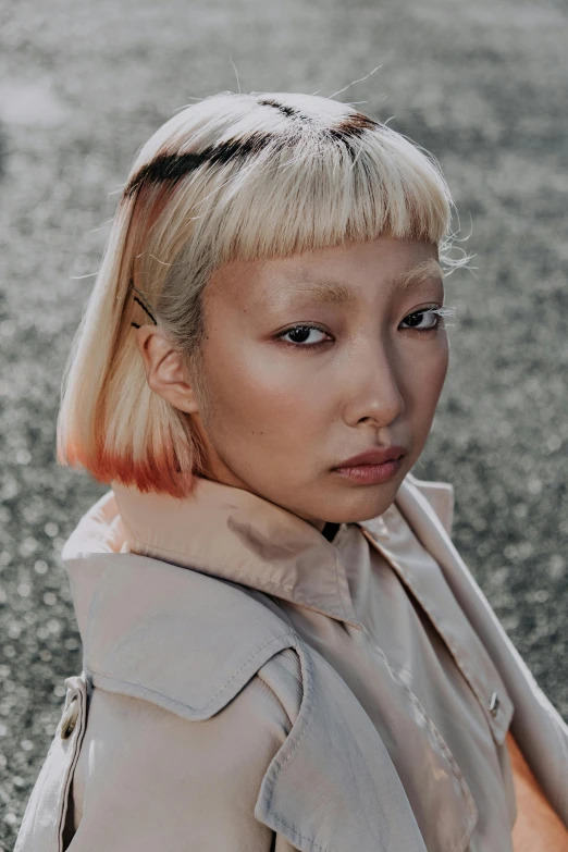 a woman with blonde hair sitting on a bench, an album cover, inspired by Kim Tschang Yeul, trending on pexels, cyberpunk dyed haircut, ethnicity : japanese, sunfaded, headshot portrait