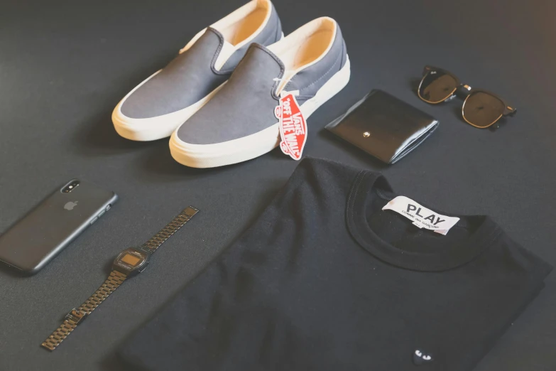 a pair of sneakers, a t - shirt, sunglasses, and a wallet on a table, pexels contest winner, charcoal and silver color scheme, japanese collection product, ray, thumbnail