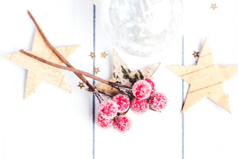 a glass jar sitting on top of a wooden table, a photo, inspired by Ernest William Christmas, pexels, seven pointed pink star, berries, on white background, decorations