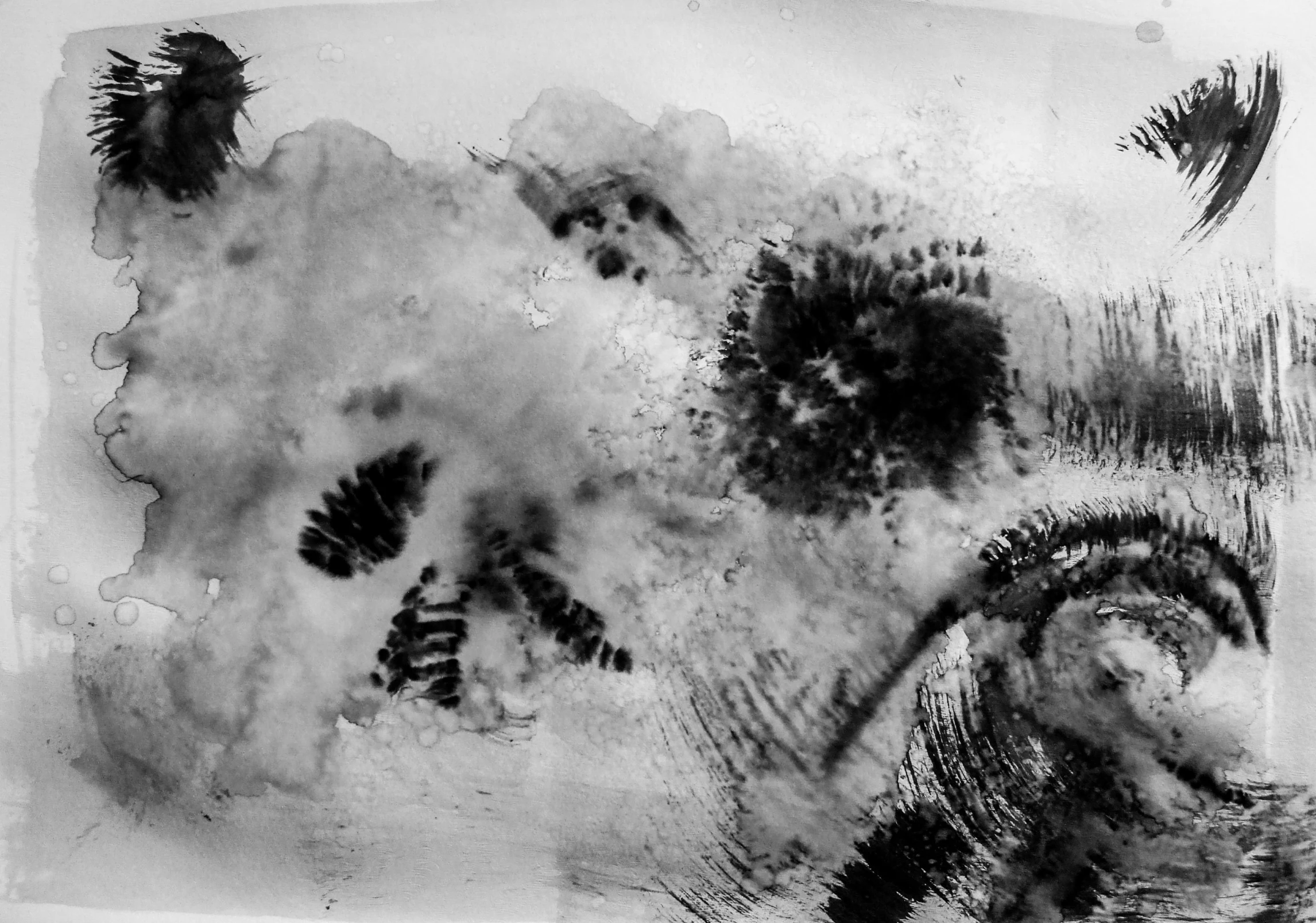 a black and white drawing of a wave, inspired by Sigmar Polke, flickr, lyrical abstraction, chinese artist cai guo qiang, petri dish art. animal eyes, photographed on damaged film, alcohol inks on parchment