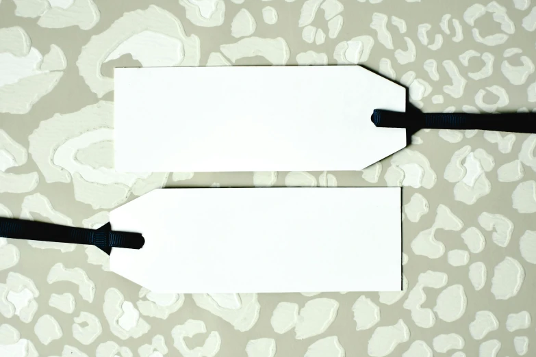 a pair of luggage tags sitting on top of a table, inspired by Ellsworth Kelly, private press, white, whiteboards, bows, long