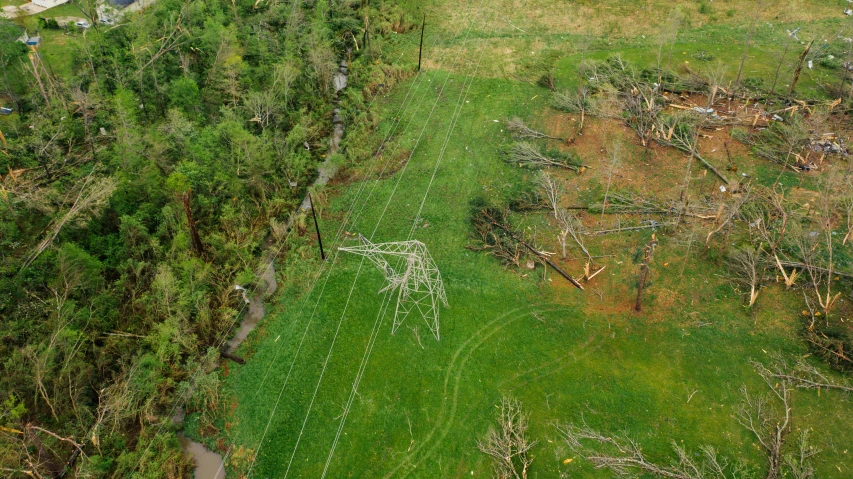 an aerial view of a field with trees and power lines, by Joe Stefanelli, hurufiyya, fallen trees, promo image, contain, alabama