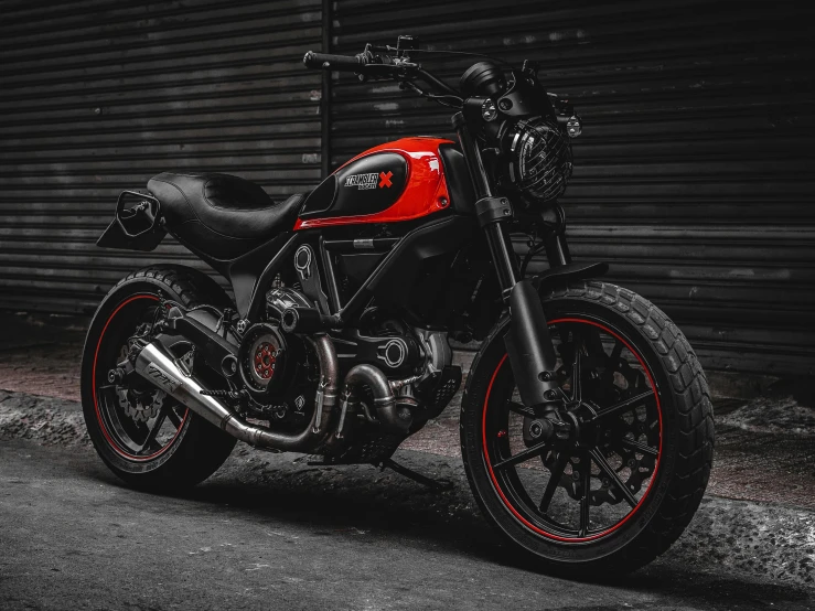 a red and black motorcycle parked in front of a building, pexels contest winner, scrambler, diablo, profile image, close body shot