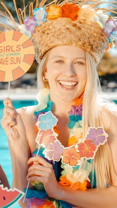 a woman standing next to a pool holding a frisbee, a colorized photo, pexels contest winner, wearing a flower headpiece, woman holding sign, suns, a girl with blonde hair