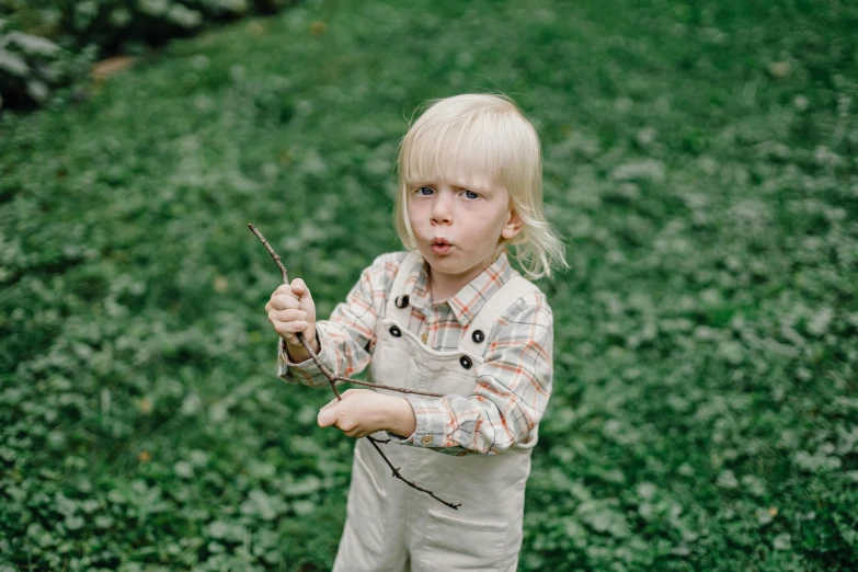 a little girl standing on top of a lush green field, an album cover, by Attila Meszlenyi, pexels contest winner, small blond goatee, holding a paintbrush in his hand, exasperated expression, wearing overalls