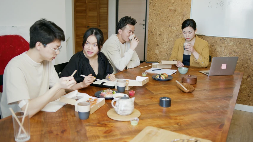 a group of people sitting around a wooden table, inspired by Miyagawa Chōshun, unsplash, mingei, profile image, soup, japanese collection product, cast