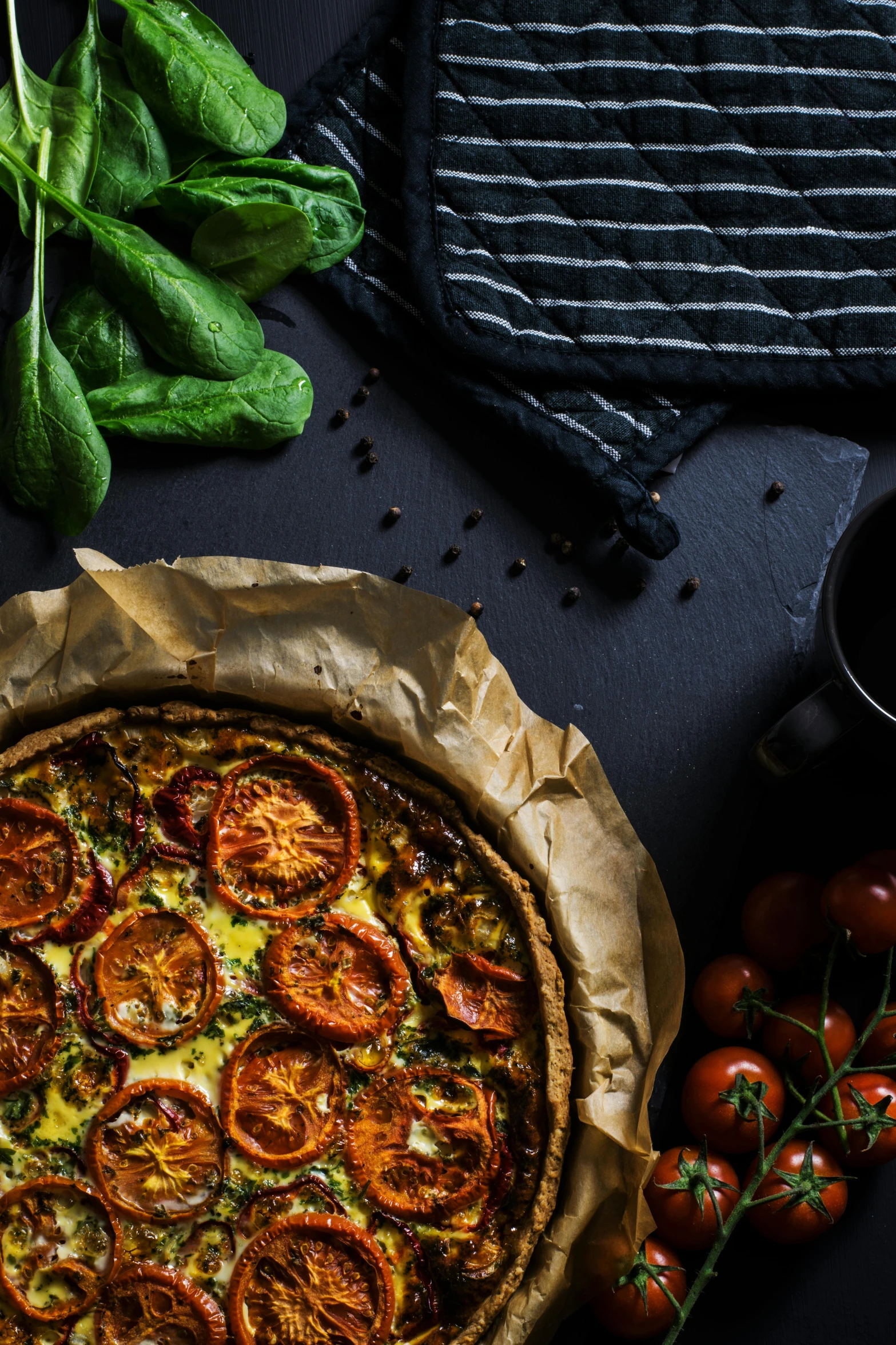 a pizza sitting on top of a wooden table, a still life, by Andries Stock, pexels contest winner, dark kitchen, greens), banner, breakfast