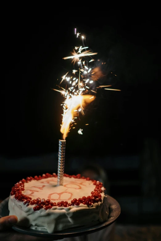 a person holding a cake with a lit sparkler, by David Simpson, pexels, hyperdetailed photorealism”, birthday cake, ignant, tall