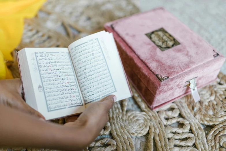 a close up of a person holding a book, hurufiyya, pink, small, emir, thumbnail