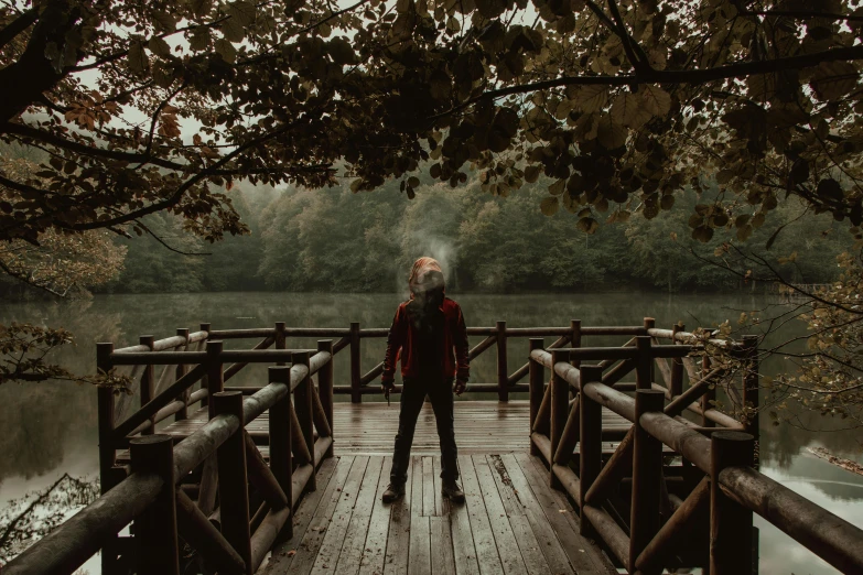 a person standing on a wooden bridge over a body of water, by Emma Andijewska, outside alone smoking weed, portrait featured on unsplash, album cover, smoke grenade